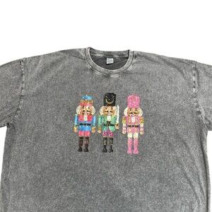 NEW Oversized Stonewashed Gray T-Shirt with Colorful Nutcracker Design